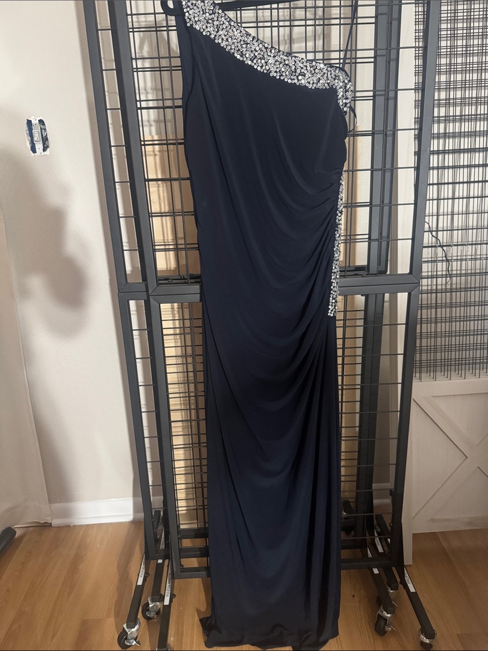 One-Shoulder navy Evening Dress with Crystal Trim